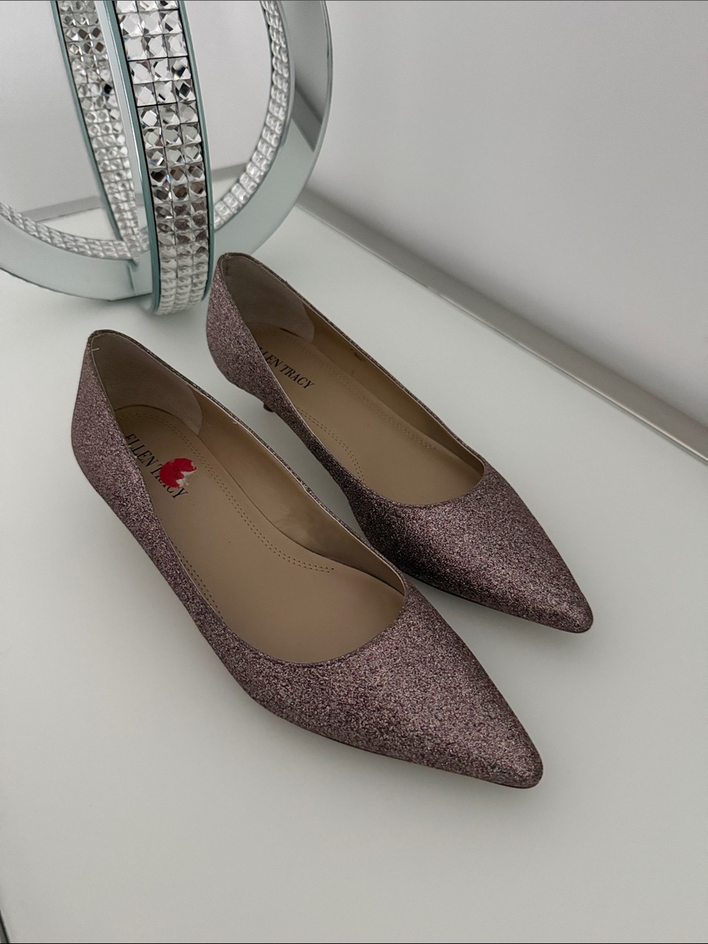 Ellen Tracy Rose Gold Glitter Pointed-Toe Flats